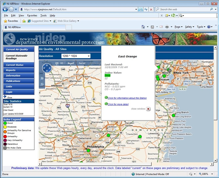 Envitech Europe EnvistaWeb GIS Map-Example from NJ site reflecting 2-dimensions road map with stations that indicate by index dots and a popup window that appeared after mouse moving on "East Orange" station. From this popup window you can reach to the "Station Information" screen.