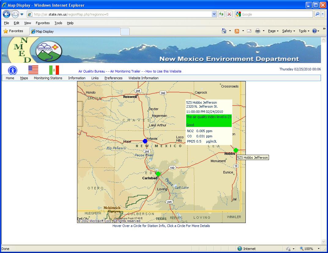 Envitech Europe EnviWeb Regional Map-Example for Region Map of "Southeastern New Mexico" region. The spots indicate the stations,and thier color indicates the air quality index. In this example the mouse is now over the "525 Hobbs Jefferson" state.Clicking on this symbol will display the station information screen of this AQM/CEM Station.